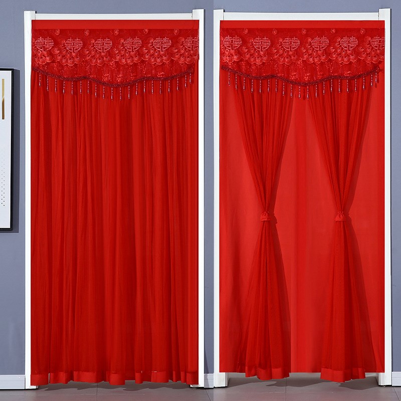 免打孔婚庆用品大红色门s帘结婚房卧室喜庆防蚊蕾丝门帘隔断帘家
