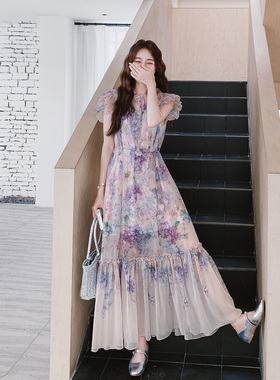 超仙紫色浪漫风印花洋装女2025夏季新款温柔气质荷叶边法式长裙