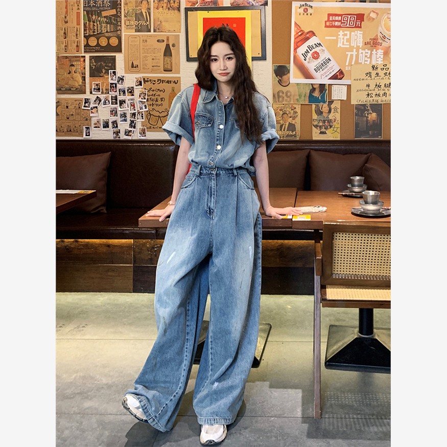 蓝色盐设计牛仔女连体裤2025夏季新韩国风格设计感休闲宽松连体裤