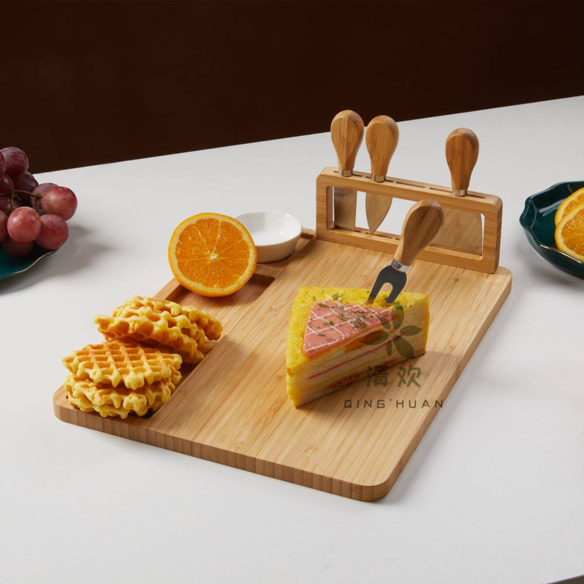 Bamboo Wood Cheese Cutting Board Cheese Slicer Fork Knife