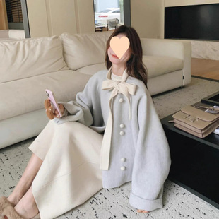 减龄厚毛呢外套女冬季小个子显瘦时尚短款毛呢上衣+中长裙子套装