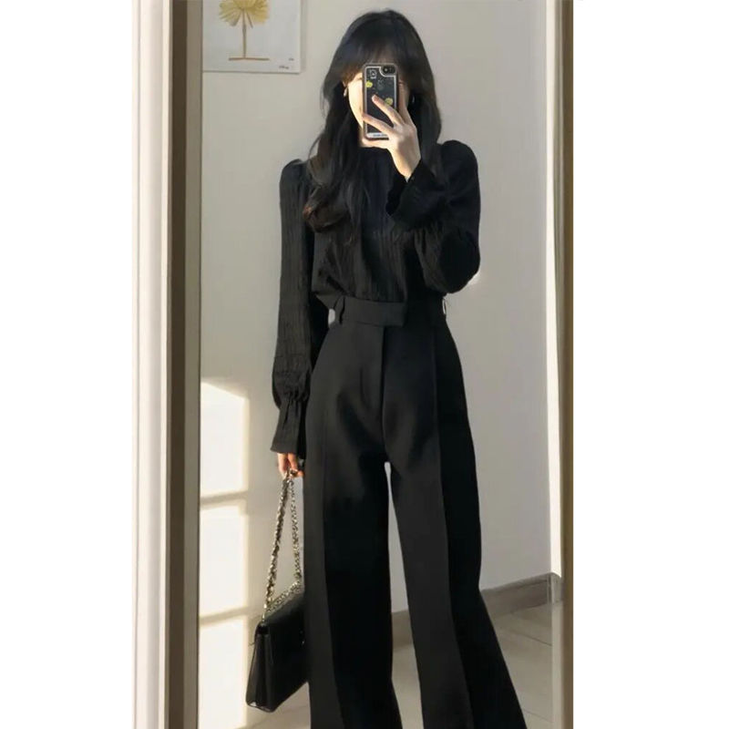 早秋穿搭套装女2025新款酷飒拽姐黑色衬衫西装裤高级感时尚