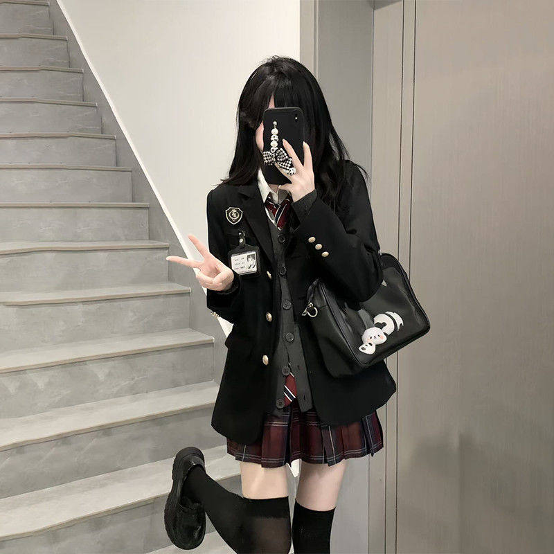 原创jk制服套装女秋冬款正版学院风校供格裙子针织开衫叠穿一整套