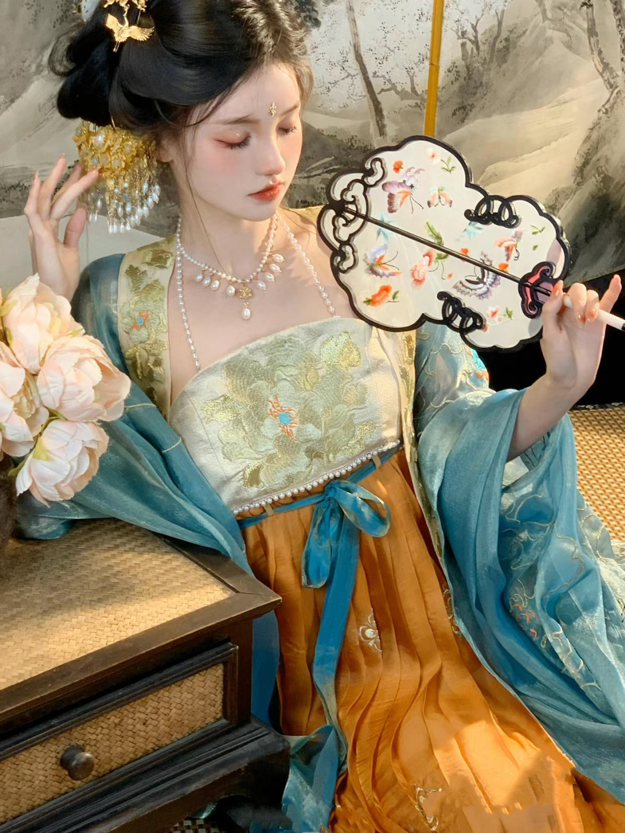 新款汉服女有香如故金牡丹唐制齐胸诃子裙唐风复原富贵刺绣大袖衫