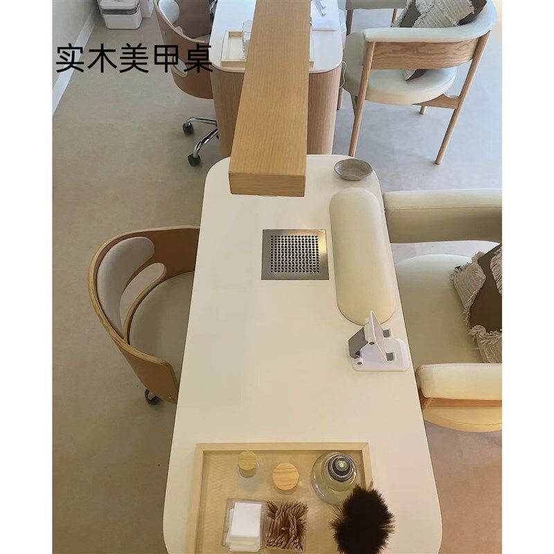 实木美甲桌子h单人双人三人烤漆台凹槽吸尘器简约木色桌柜
