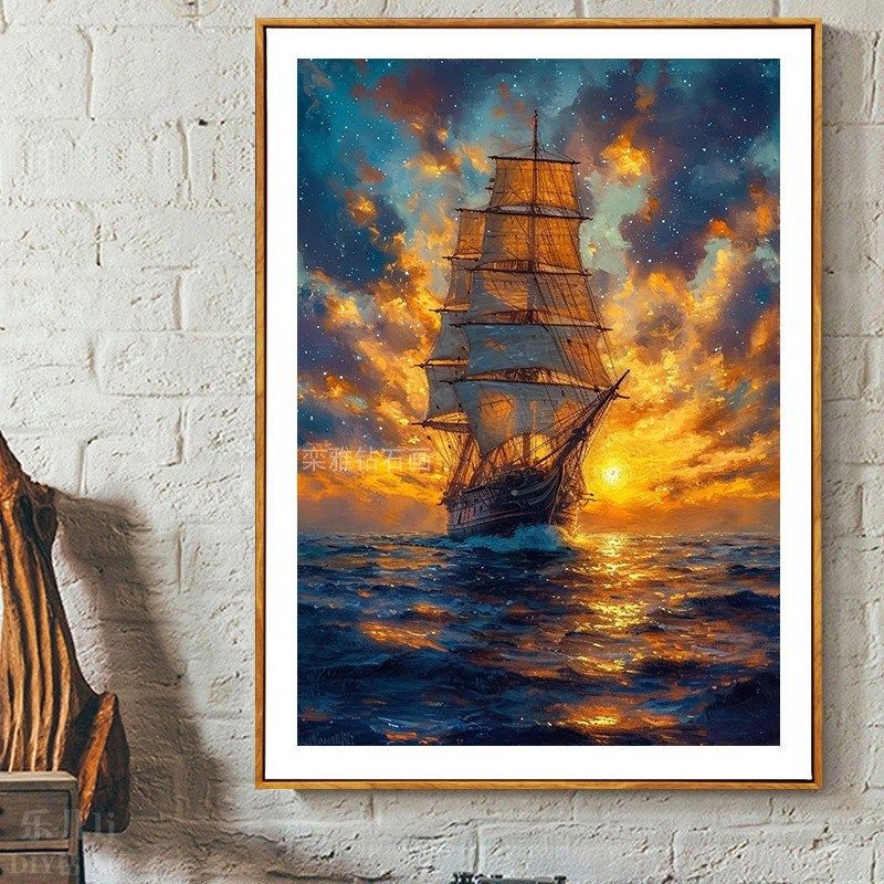 DIY方钻满钻钻石画钻s石绣日出大海帆船一帆风顺手工粘贴钻十字绣,居家布艺,钻石绣,淘宝优惠券,粉丝福利购,淘宝优惠卷