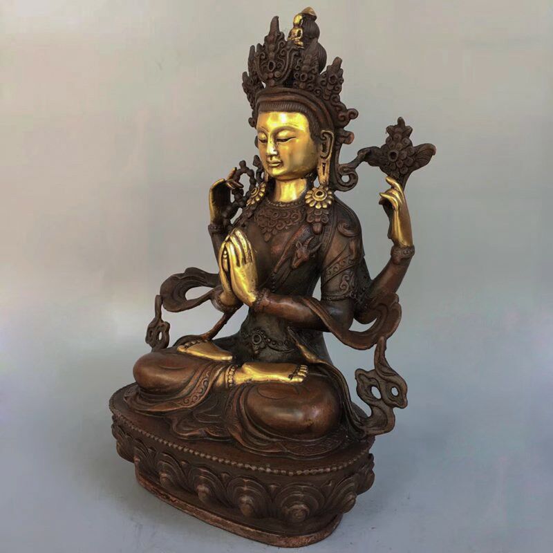 仿古纯铜四臂观音斑铜u鎏金居家摆件家居装饰品工艺品摆件