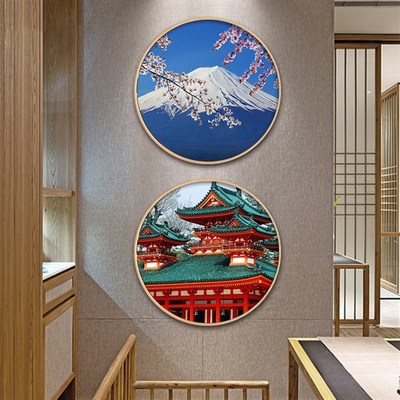 日式风景挂画日料餐厅圆形装饰画和风民宿富士R山壁画居酒屋饰品