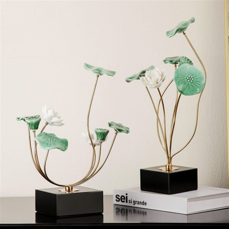 摆件茶室清新电视柜并蒂莲办公室新中式N荷花玄关柜轻奢装饰品