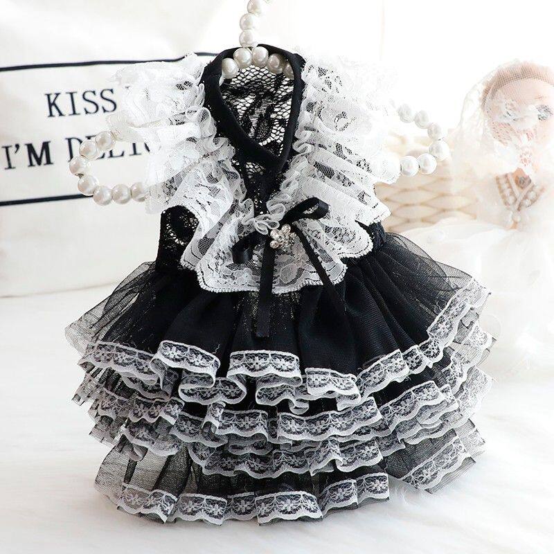 手作款走秀重工唯美黑色狗狗衣服猫咪公主裙子小型犬泰迪宠物3665