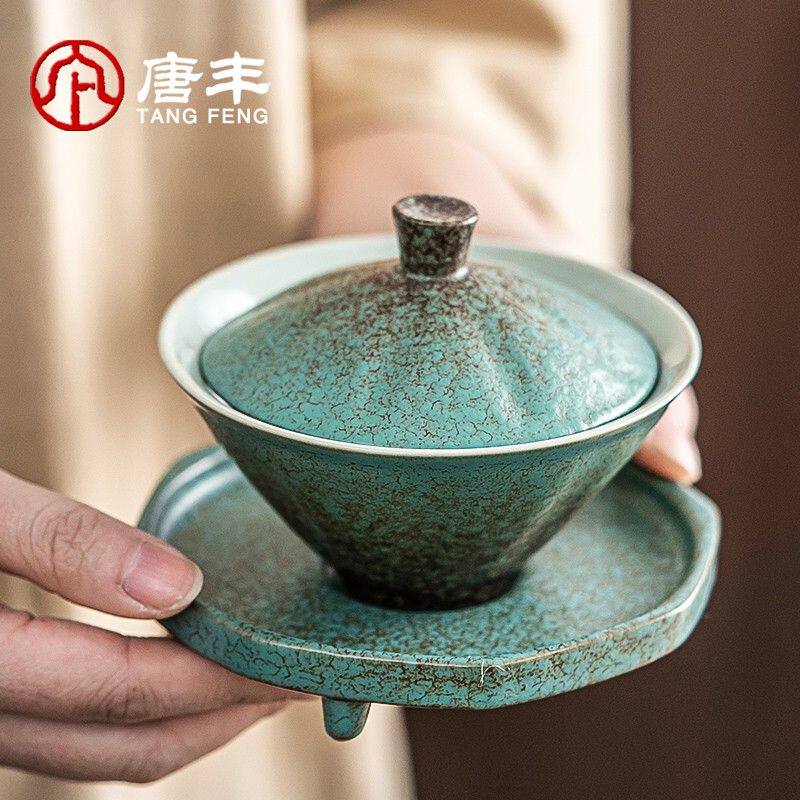 唐丰高端盖碗陶瓷茶具复古粗陶手工大号带盖创意中式防烫瓷盖碗