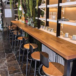 实木吧台桌长条奶茶店酒吧高脚桌椅组合商用家用阳台靠墙桌休闲吧