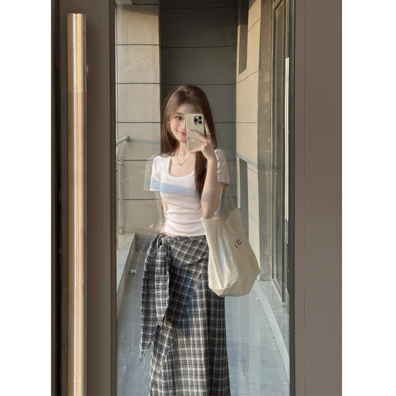 设计感小众正肩方领纯棉短袖T恤女夏辣妹短款修身显瘦百搭上衣