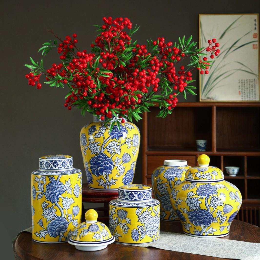 新中式仿真石榴插花花瓶陶瓷摆件花瓶装饰摆件客厅玄关青花瓷花瓶