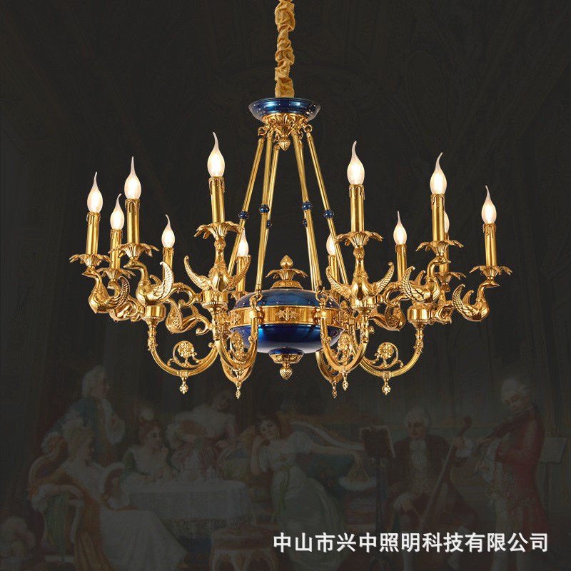 轻奢法式全铜客厅吊灯别墅复式楼纯铜大吊灯欧式酒店创意天鹅铜灯
