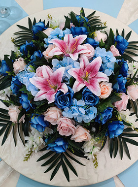 批发蓝色大圆桌中间摆花台花酒店餐桌电动转盘花装饰花摆设件