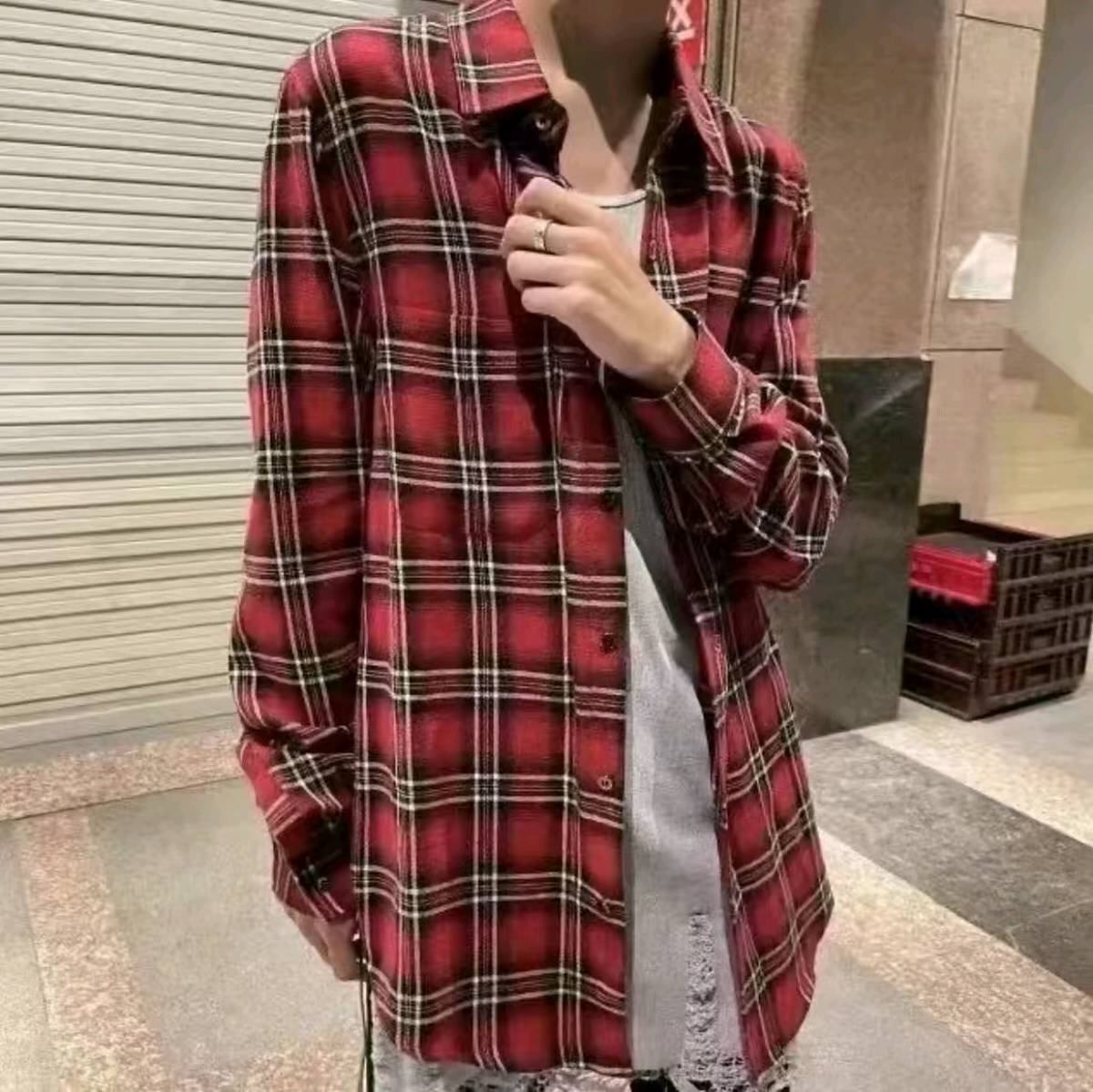 鲨魚CLUB自主红格子蓝鲨魚对格版本牛皮飘带衬衫高街入门潮流外套