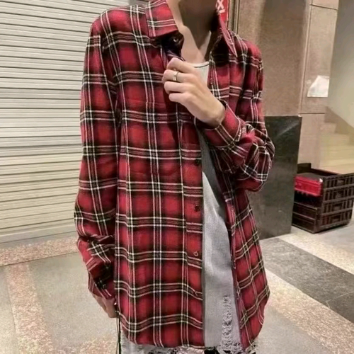 鲨魚CLUB自主红格子黑格子衬衫