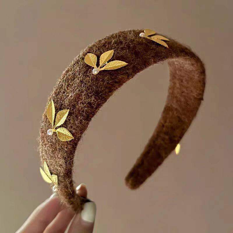 棕毛绒金叶珍珠发箍 秋冬复古款 日常约会通勤优雅头饰
