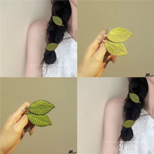 树叶2025叶子发夹侧边简约森系头饰小边刘海后脑勺卡子绿色女新款
