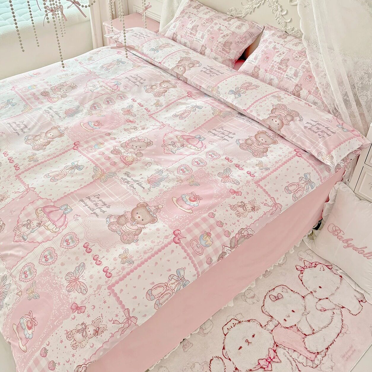 纯棉Lolita粉色四件套可爱卡通床品被套软萌少女心宿舍三件套