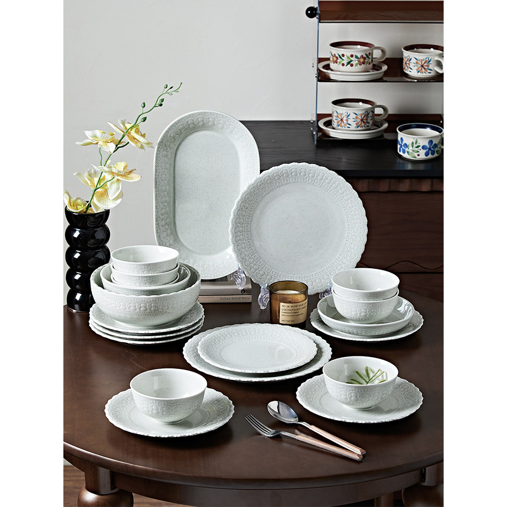 景德镇釉下彩浮雕轻奢复古浪漫奶油风青瓷蕾丝边【餐具碗盘套装】,餐饮具,餐具瓷器套装,淘宝优惠券,粉丝福利购,淘宝优惠卷