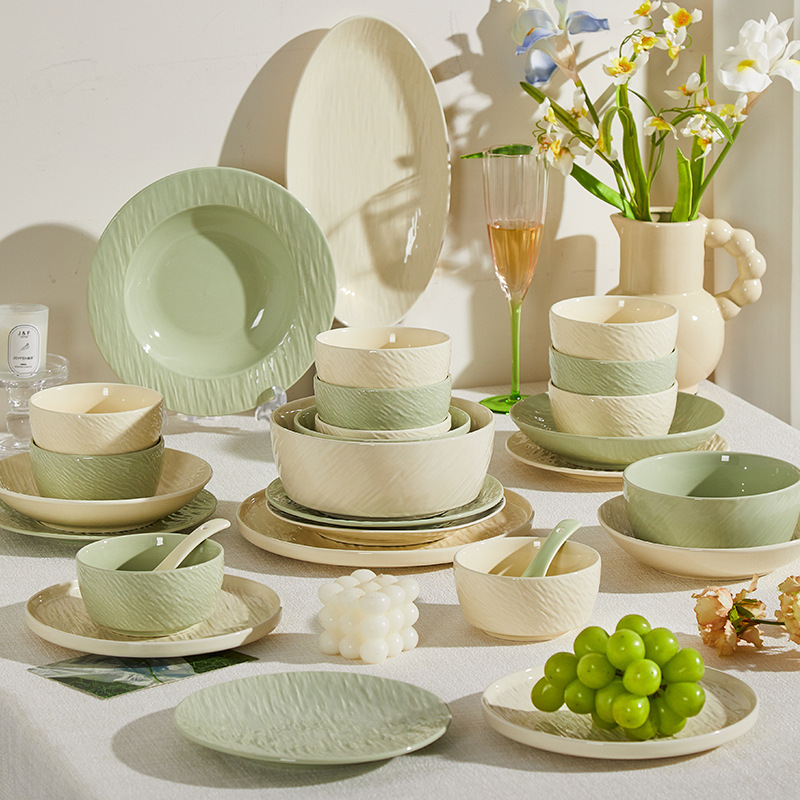 釉下彩奶油风米色家用陶瓷餐具盘子筷子汤碗面碗DIY组合米饭碗碟