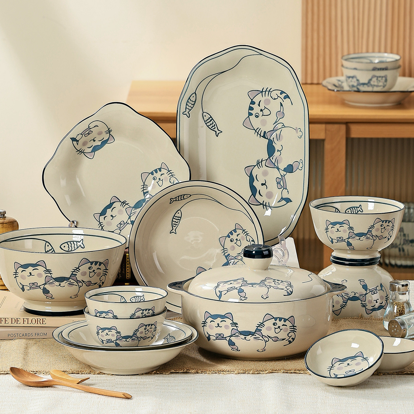 景德镇釉下彩高温烧制日式卡通简约猫喵闲趣-【碗盘餐具小套组】