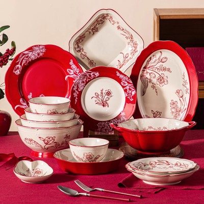 赤郁心澜新中式红色喜庆盘子菜盘家用新款釉下彩陶瓷餐具碗高级感