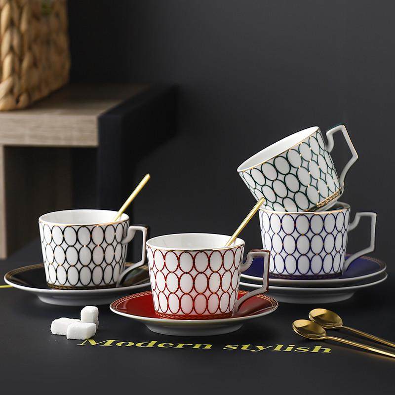 北欧轻奢精致金边金粉年华新骨瓷2杯2碟咖啡杯碟茶杯带杯架套装