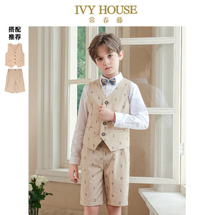 HOUSE常春藤儿童装 套装 男童春季 顺滑满印西服马甲短西裤 新款 IVY