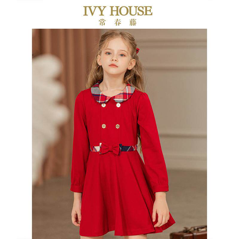 IVY HOUSE常春藤儿童装女童春 大红色长袖连衣裙学院风国风拜年服