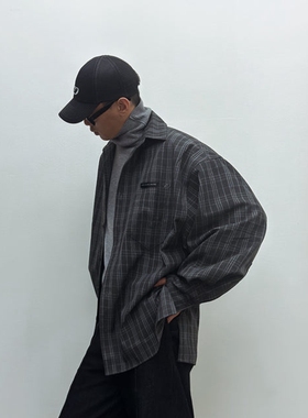 OLIX 机能户外青少年宽松休闲格子翻领衬衫ins小众潮流时尚衬衣男