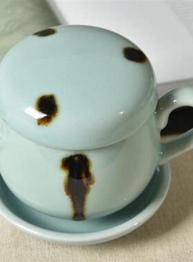 高档观复嘟嘟杯名家大号杯子陶瓷办公杯带盖过滤内胆茶水分离四件