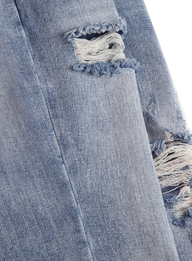 IDLT破洞牛仔裤  重水洗破洞浅蓝色  修身九分牛仔裤膝盖破洞