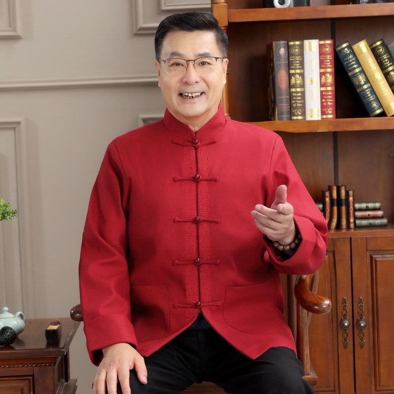 中老年男士唐装长袖刺绣外套棉衣秋冬季宽松休闲中式立领棉服棉袄