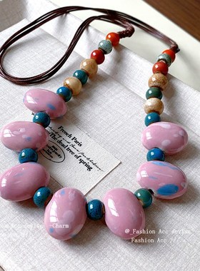 民族风圆形串珠陶瓷项链小众高级感复古锁骨链时尚个Y性气质项饰