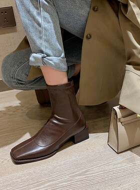 方头棕色中跟粗跟瘦瘦靴r冬2021新款春秋单靴黑色高跟弹力小短靴