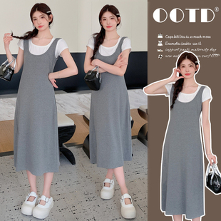 孕妇上下装长裙h2024夏季韩版时尚弹力棉两件套显瘦减龄套装连衣