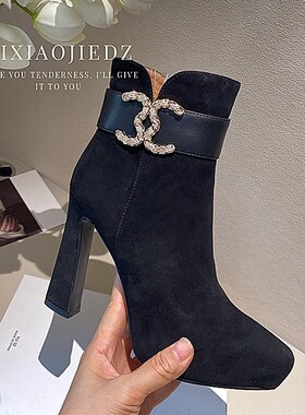 秋冬鞋子女20i24新款爆款女鞋黑色真皮粗跟高跟防水台气质尖头短