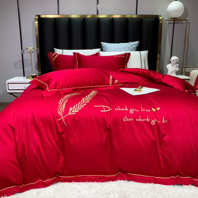 欧式简约100支纯棉婚r庆四件套大红刺绣被套床单全棉结婚床上用品