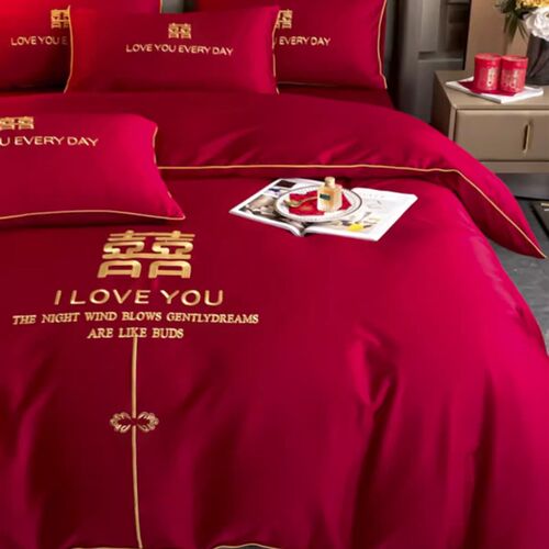 高端婚庆四件套全棉喜被大u红刺绣新结婚房嫁礼床笠单床上用品简