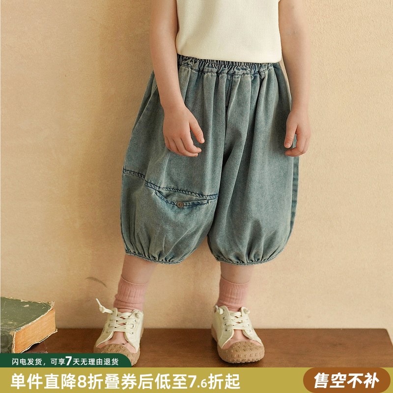 砚台家女童做旧复古牛仔裤2025夏季新款儿童纯棉透气五分阔腿裤子图片