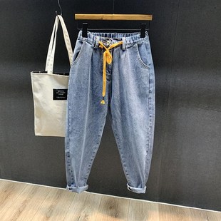 胖子老爹裤 跨裤 男阔腿 男宽松直筒哈伦裤 抽绳松紧腰春夏九分牛仔裤