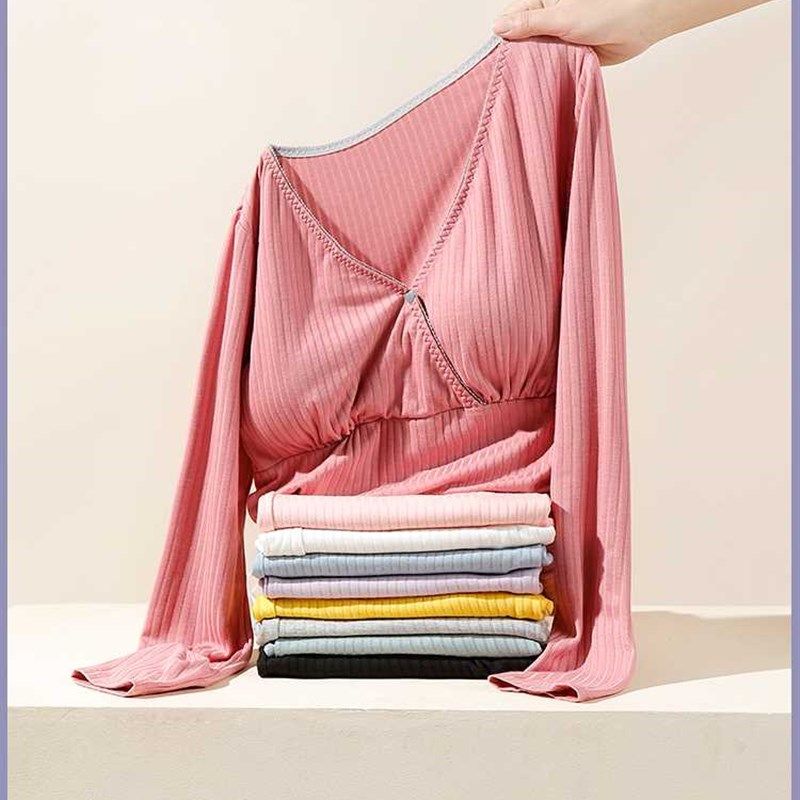 产后哺乳上衣外出月子服睡u衣喂奶孕妇秋衣打底衫春秋冬季薄款夏