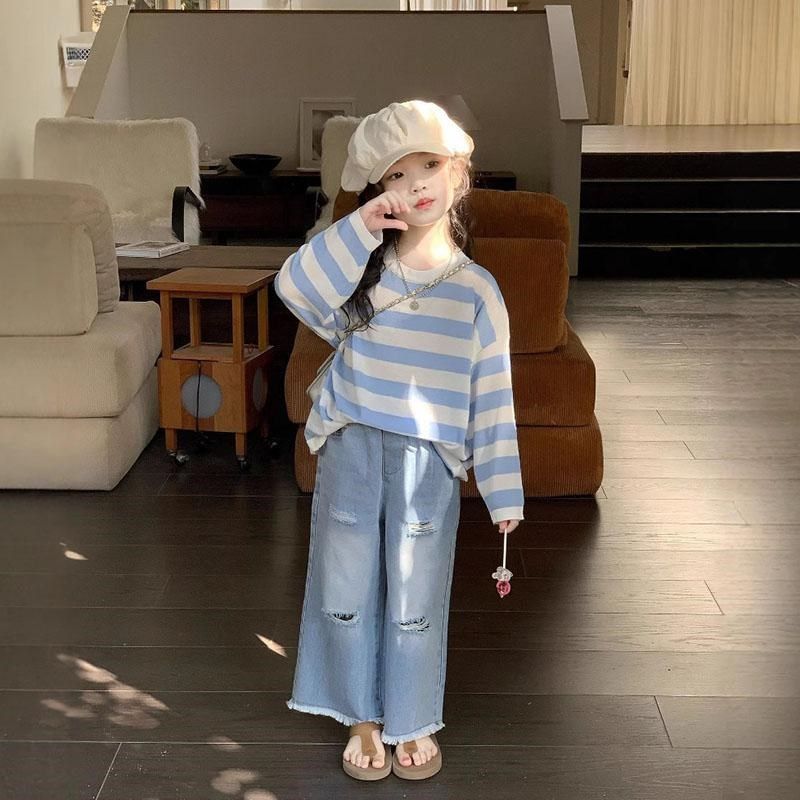 春夏季女童新款条纹圆领休闲防晒T恤百搭罩衫破洞牛仔裤子打底衫,童装/婴儿装/亲子装,套装,淘宝优惠券,粉丝福利购,淘宝优惠卷