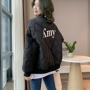 外 菱形格棒球领棉服女2024秋x冬季 新款 轻薄羽绒棉衣韩版 宽松短款