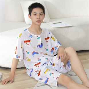绵绸薄M款 夏季 青少年初中学生家居 短裤 短袖 青年男士 棉绸睡衣套装