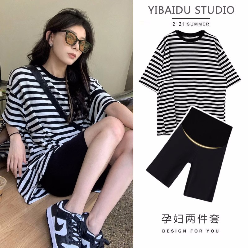 孕妇套装a夏款孕妇装小个子夏装t恤短袖条纹上衣女宽松两件套夏季