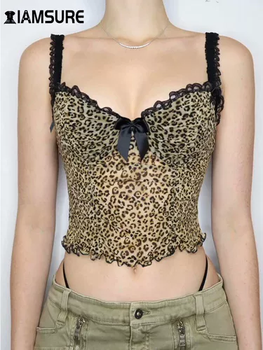 Iamsure Holiday Sexy Leopard Printed Mesh Camis Top см. Thro Thro